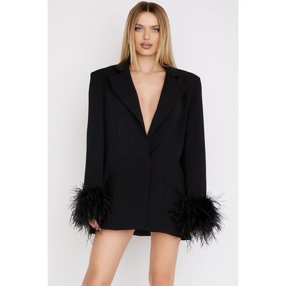 NWT House of CB Esme Blazer Dress S Black Feather Trim Oversized Party